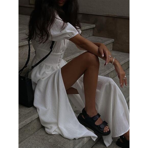 Commense White Maxi Dress Small NWT Lined Puff Sleeve Button Front Elegant - Picture 4 of 11